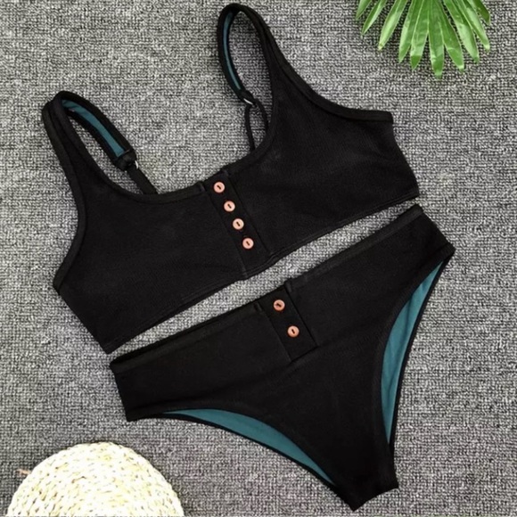 SOLD OUT CLEARANCE Black Ribbed Button Up Bikini Swimsuit - Picture 2 of 3